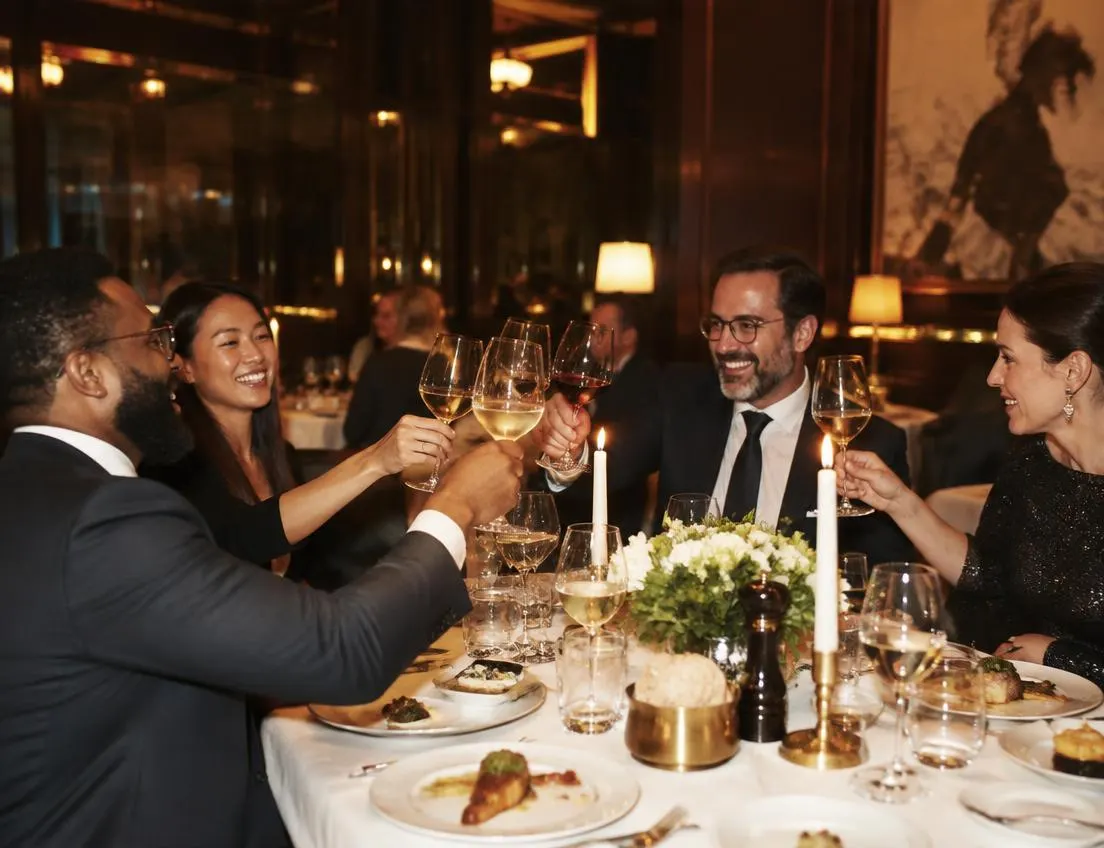 Diverse professionals toasting at an elegant business dinner