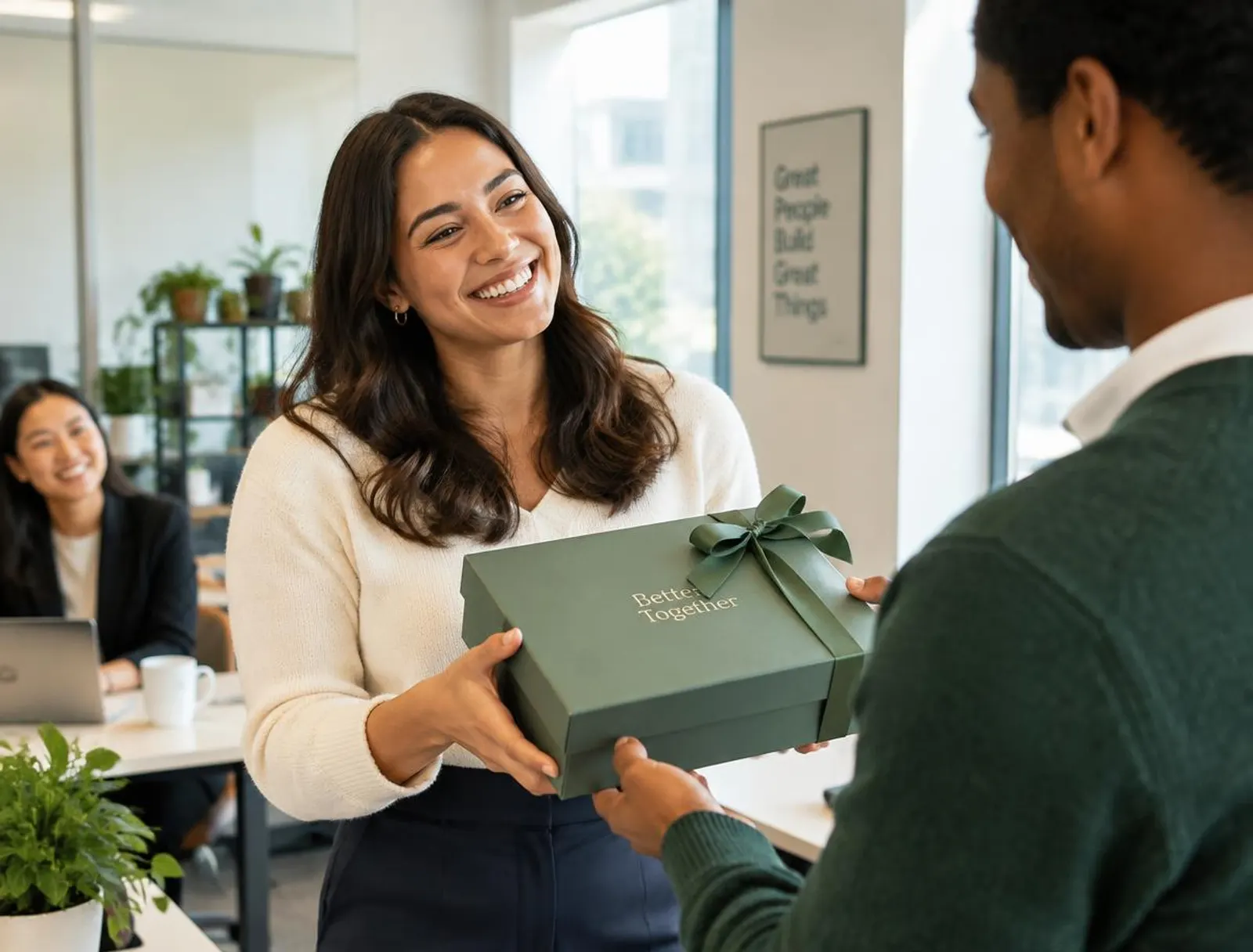 Employee receiving an elegant corporate gift box in a modern office