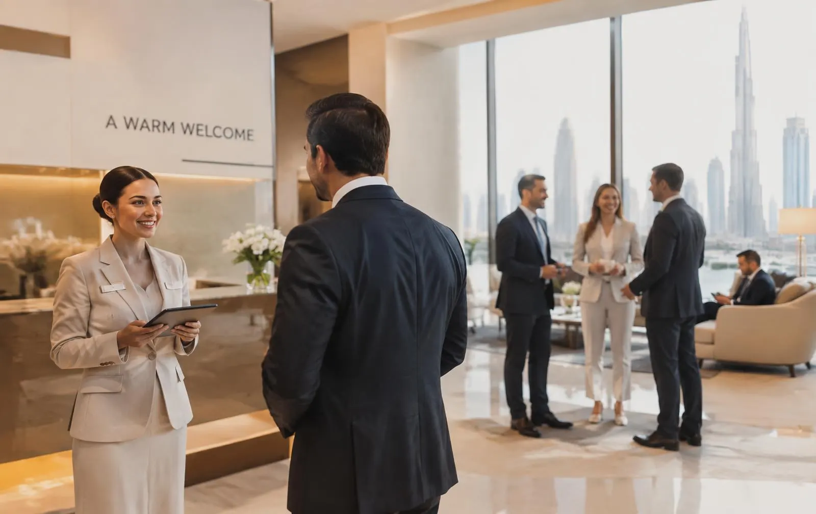 Concierge welcoming executives in a bright Dubai office lobby
