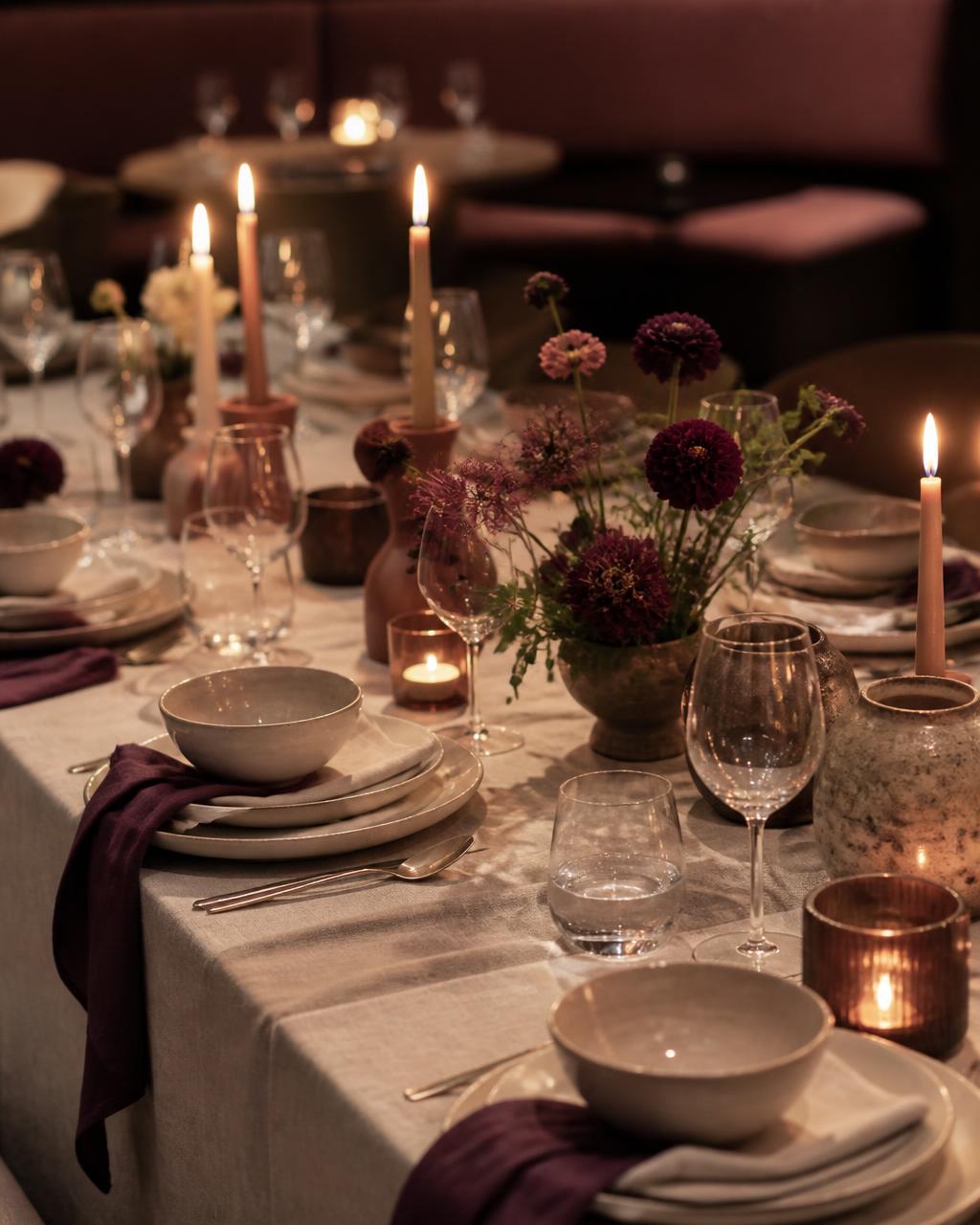 A candlelit dinner table set with fine tableware