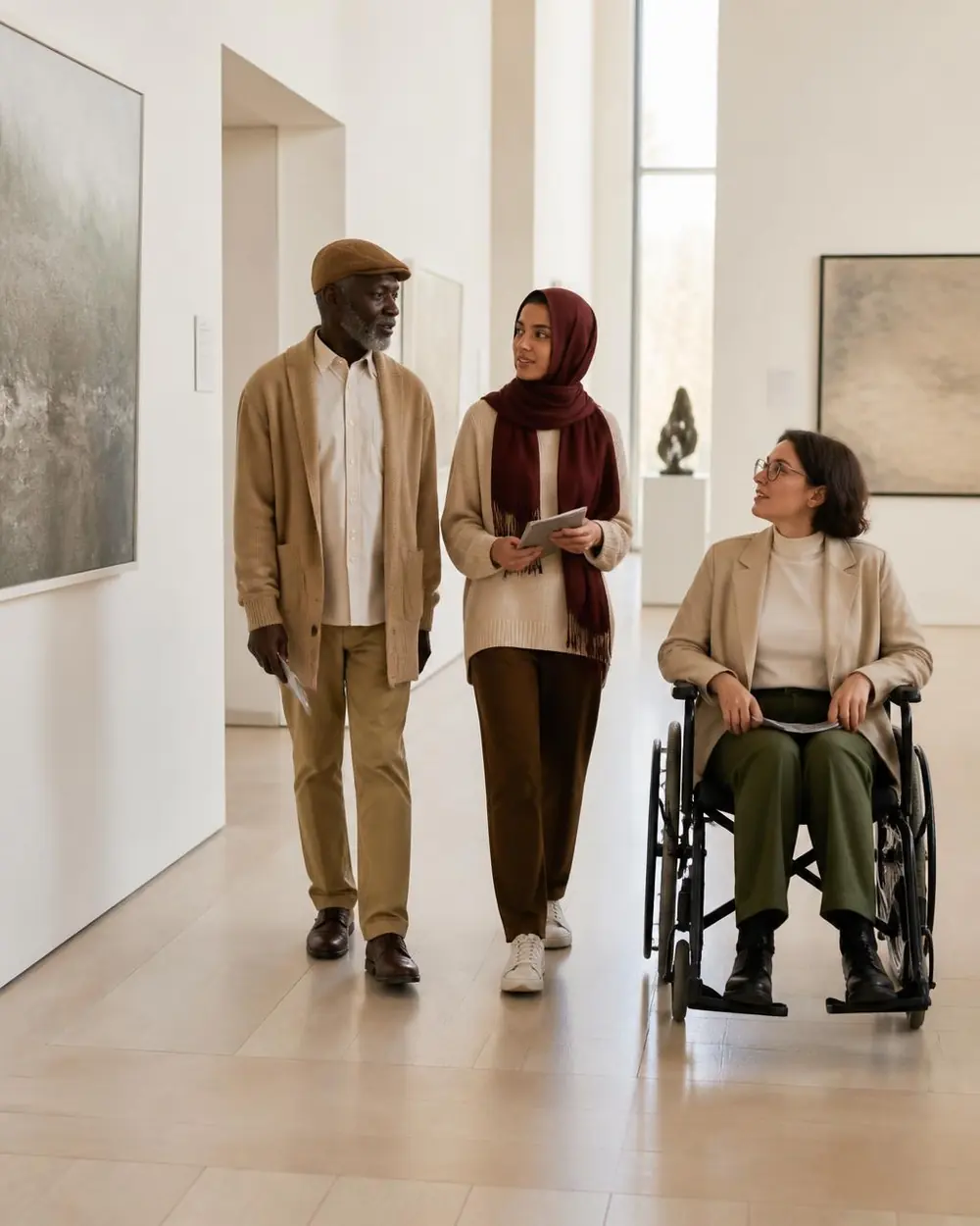 Colleagues walking together through a minimalist museum gallery during a cultural programme