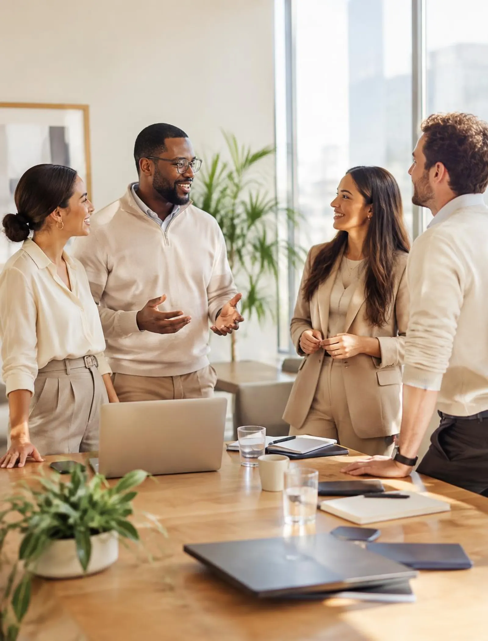 Diverse colleagues in a warm conversation in a bright office meeting room