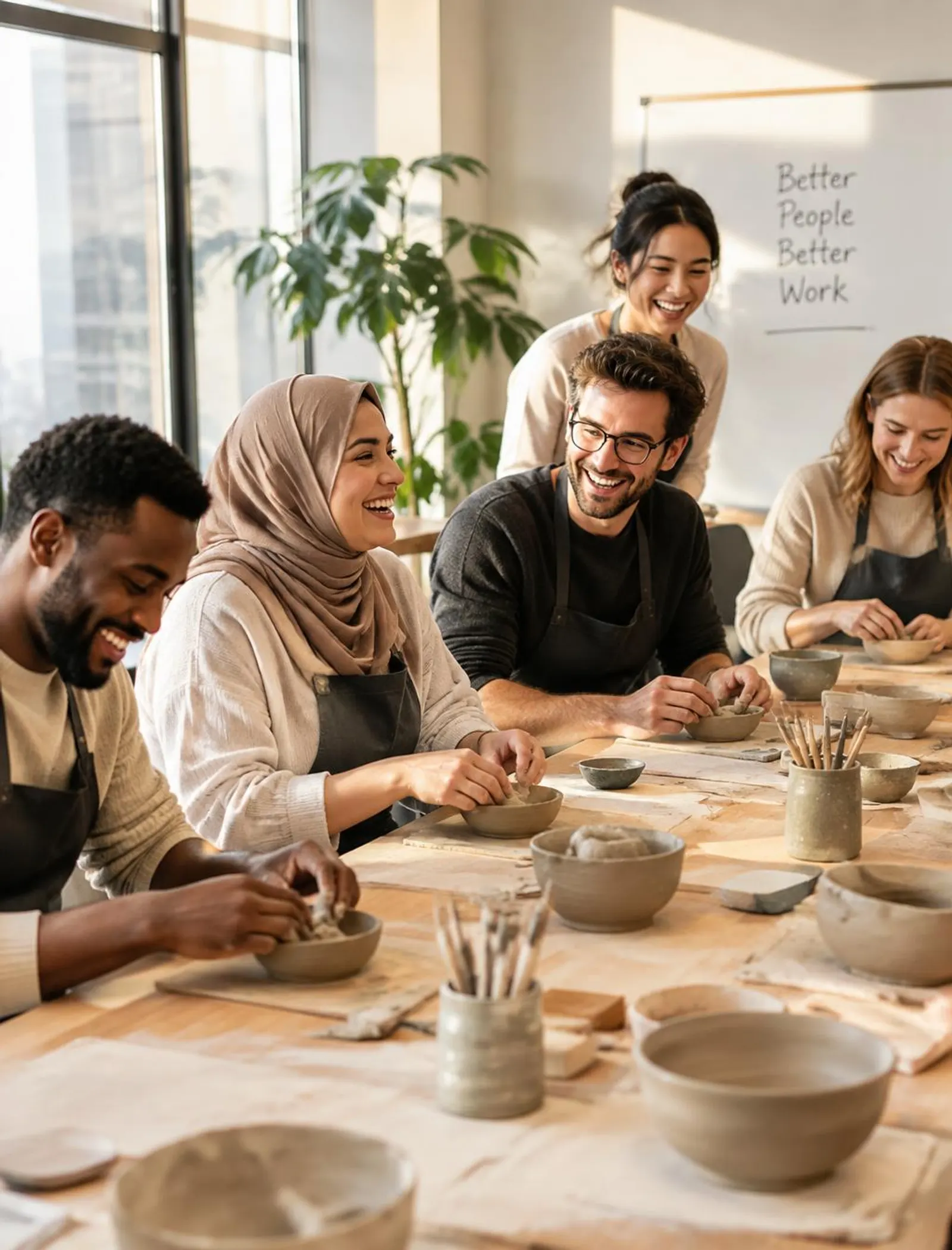 Team laughing during a pottery workshop in the office