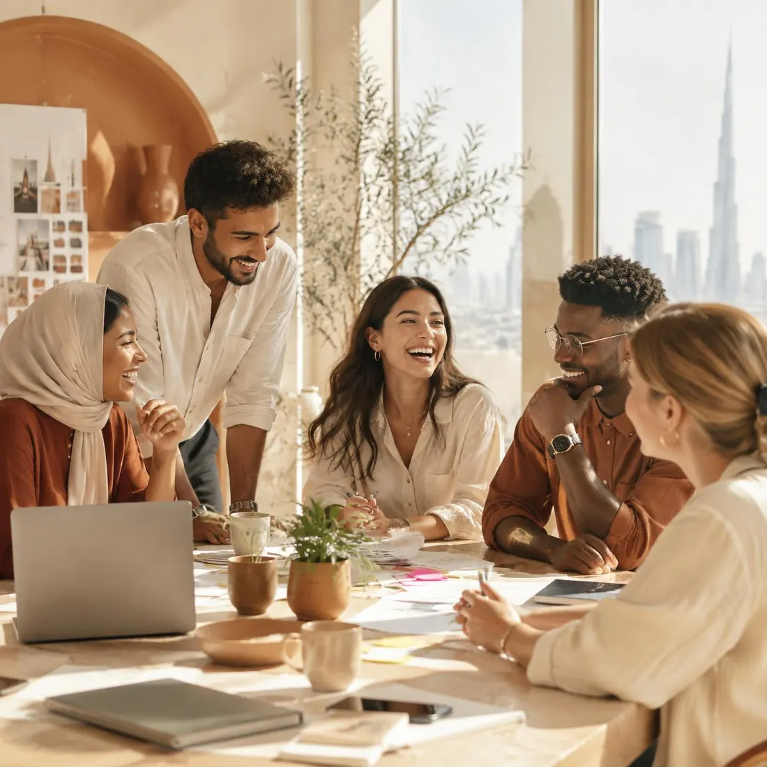 Diverse colleagues smiling together in a bright modern office