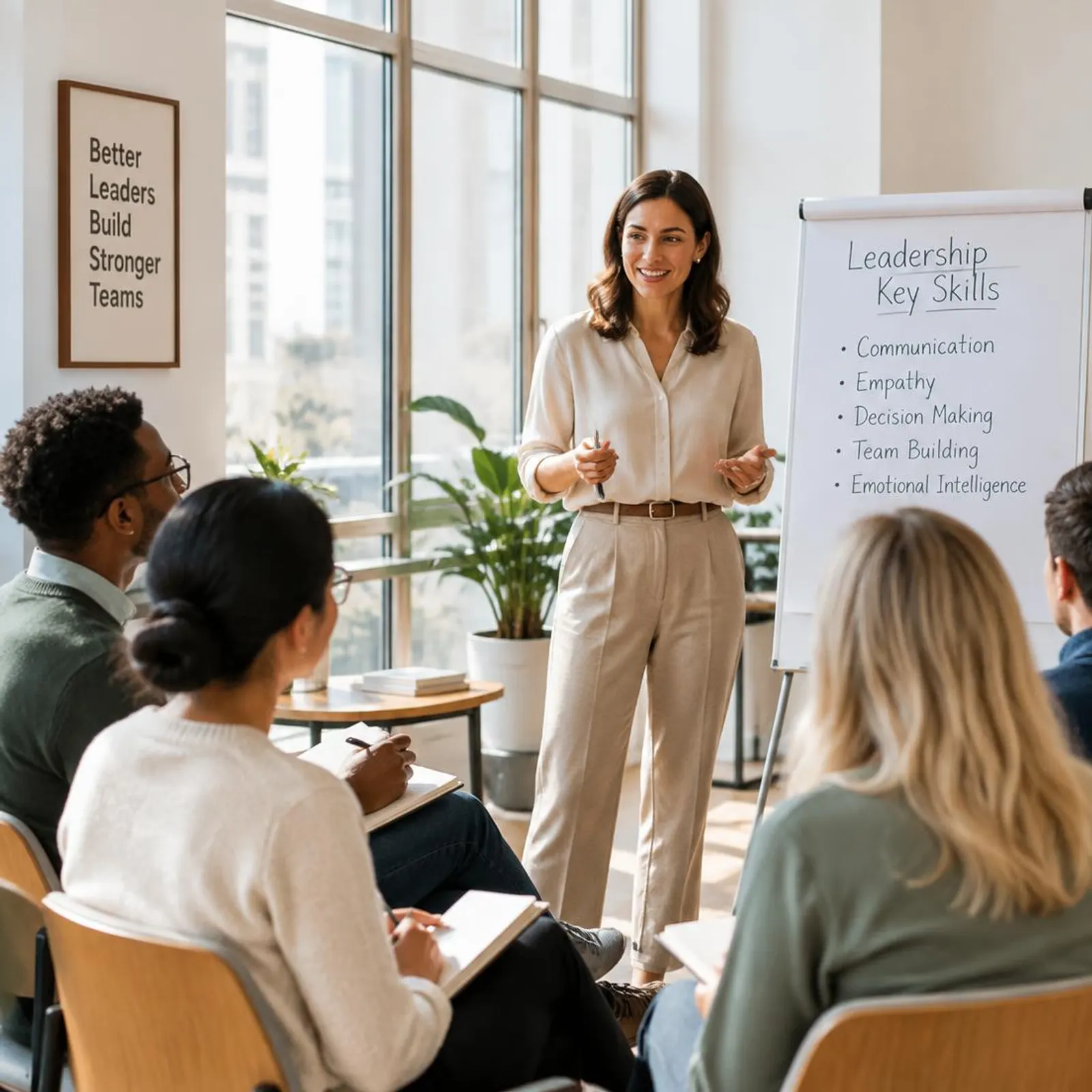 Facilitator leading a leadership training in a bright meeting room
