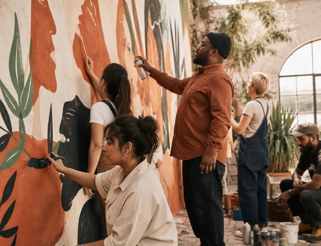 Colleagues painting a mural together at work