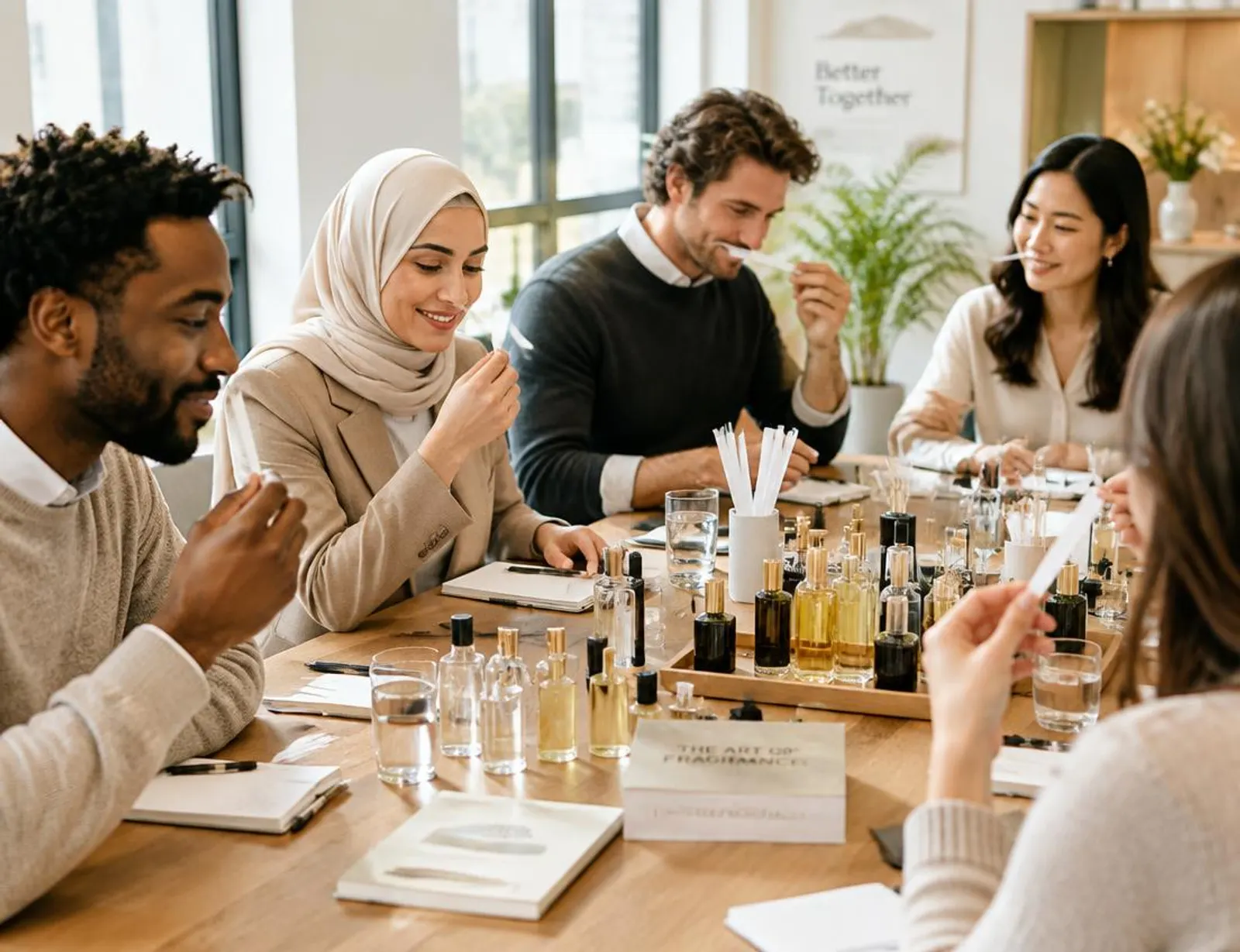 Colleagues creating signature scents in a workshop