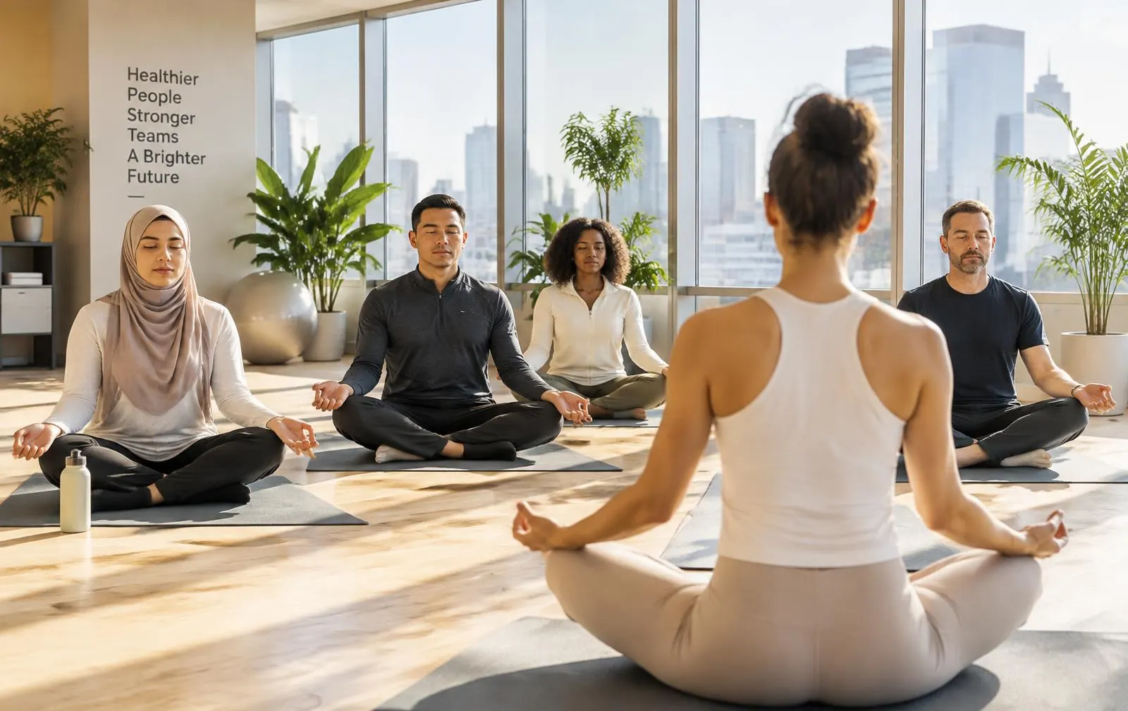 Employees in a calm yoga session in a bright corporate office wellness room