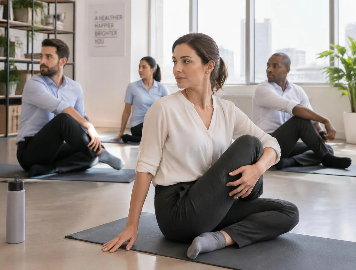 Colleagues in a relaxed wellbeing session at the office
