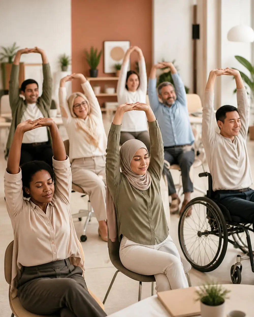 A gentle stretching session led by a wellness professional in a light-filled office